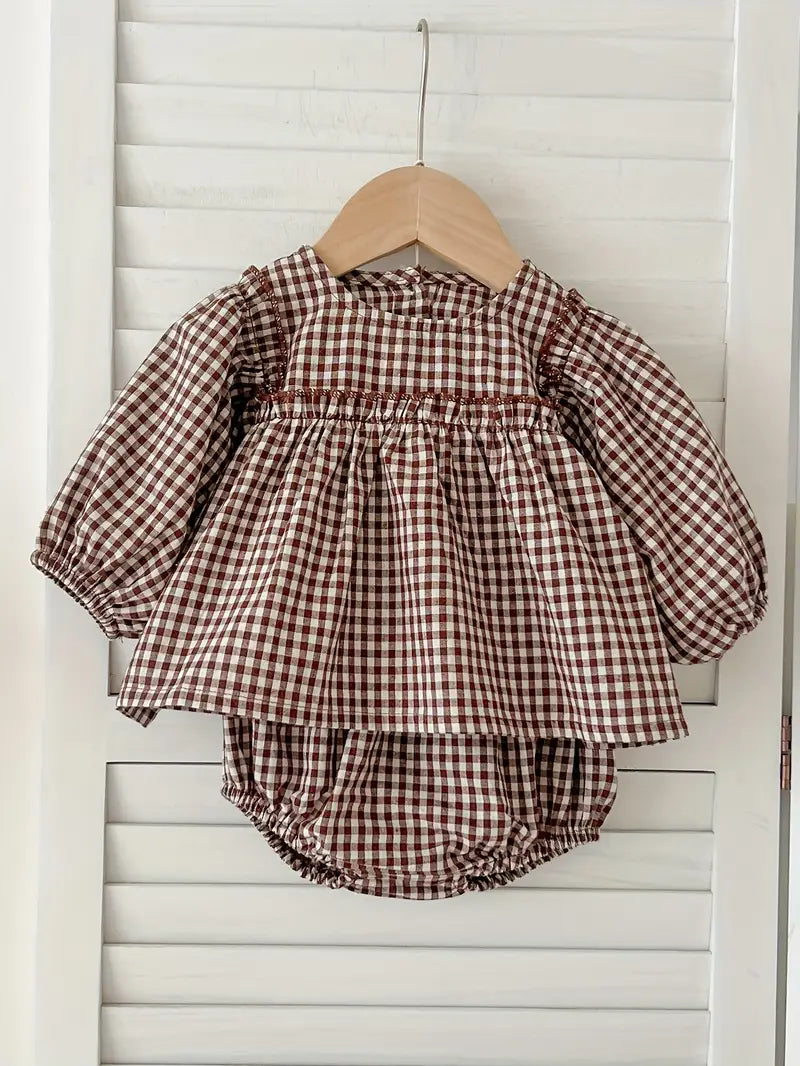 Vintage Babyset – Blouse &amp; Short in Khaki Ruit