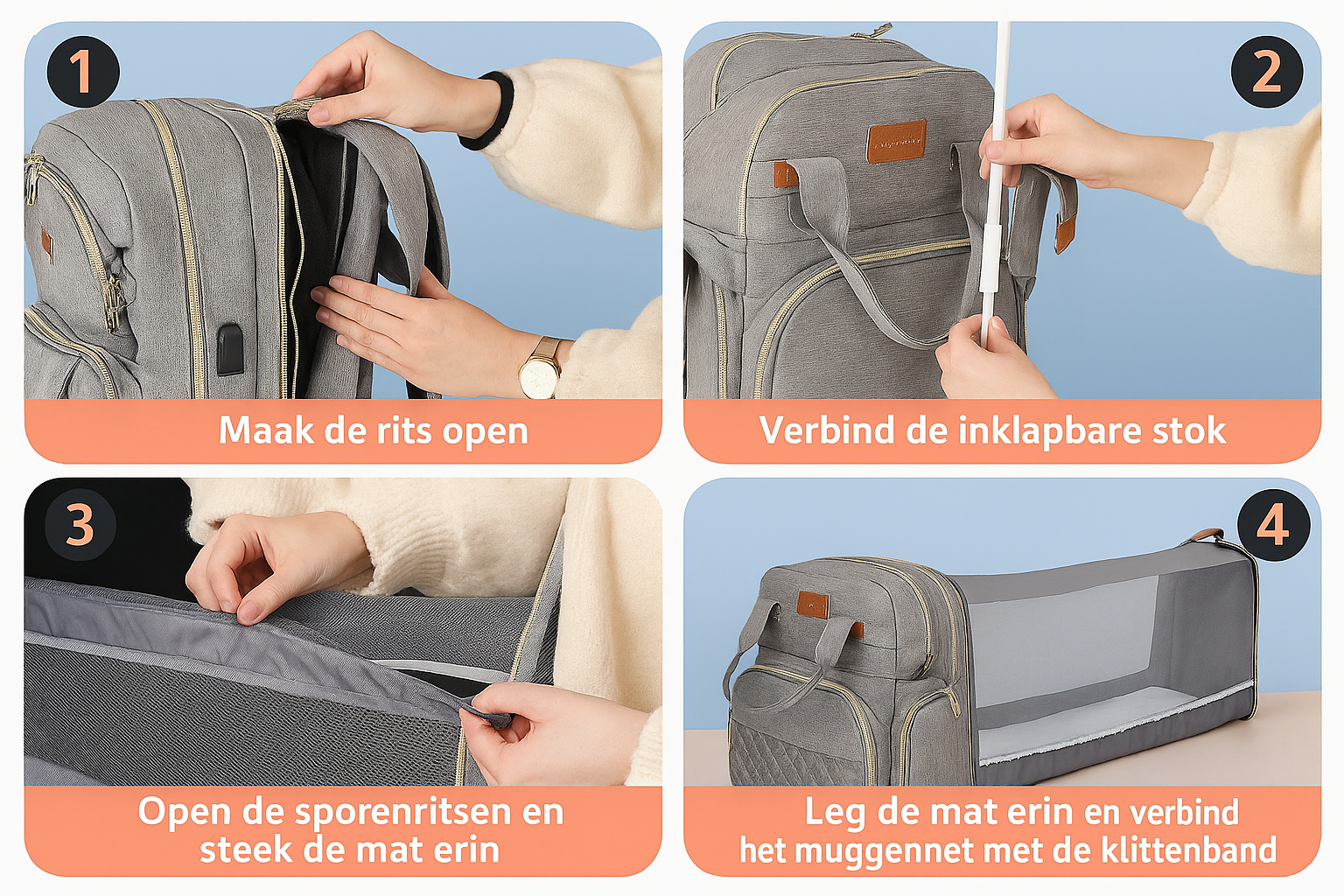 3-in-1 Luiertas Rugzak met Opvouwbaar Babybedje &amp; USB-aansluiting