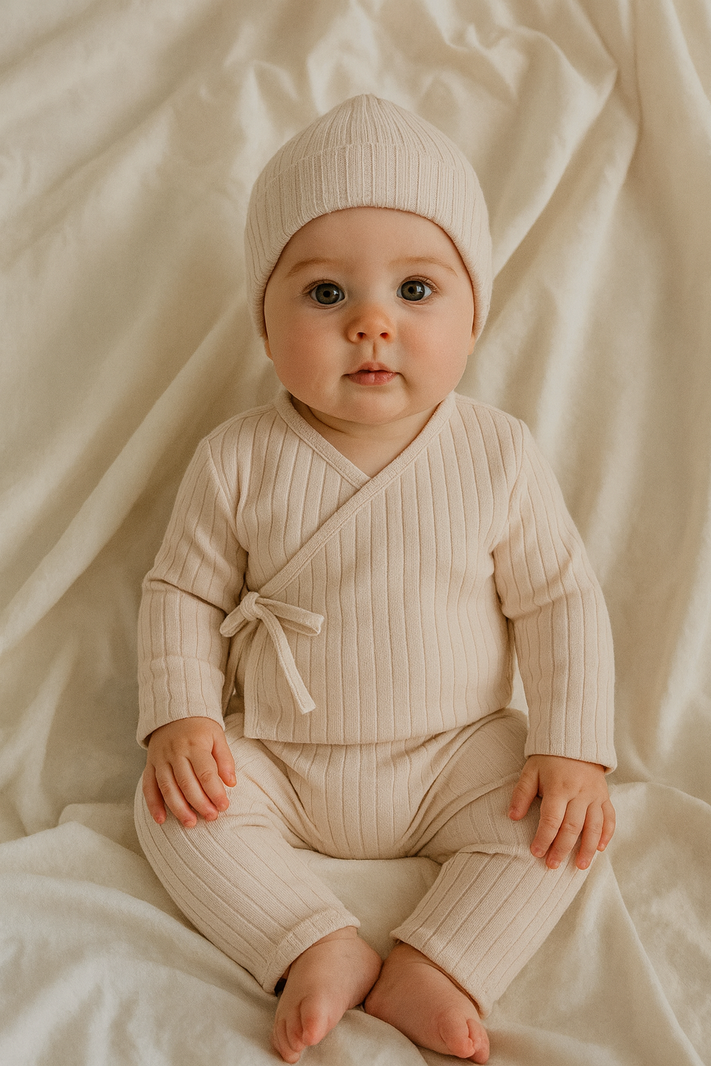 3-Delige Baby Set – Geribde Top, Broek & Mutsje – Comfortabel & Casual
