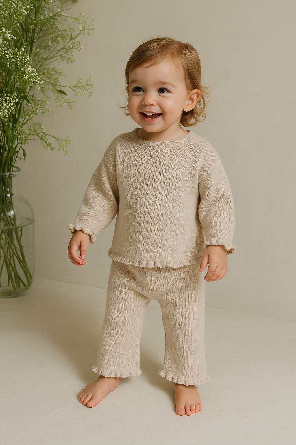 2-Delige Baby Meisjes Set – Wafelstructuur T-shirt & Bell Bottom Broek