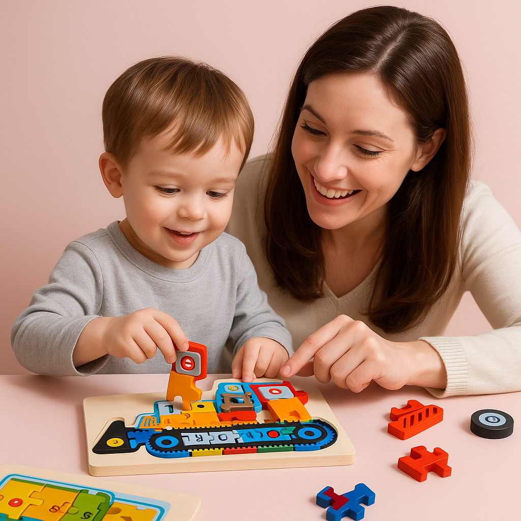 Montessori Houten Voertuigpuzzel – 3D Educatief Speelgoed voor Peuters (Engineering Thema)