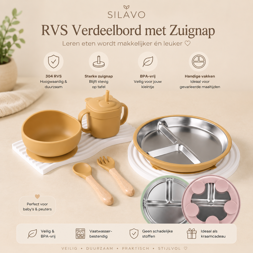 🍽️ Silavo® Premium Siliconen Baby Eetset met RVS Bestek