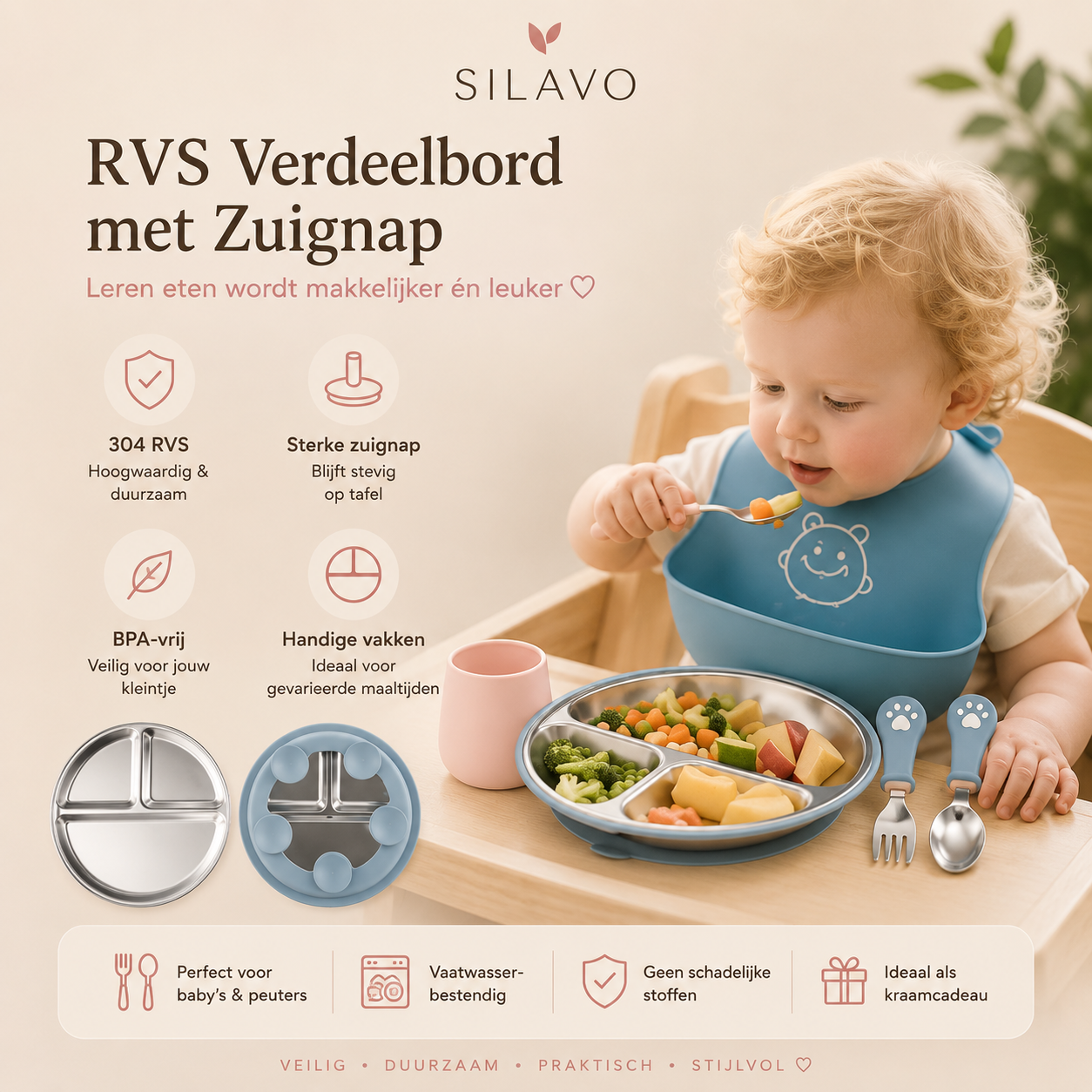 🍽️ Silavo® Premium Siliconen Baby Eetset met RVS Bestek