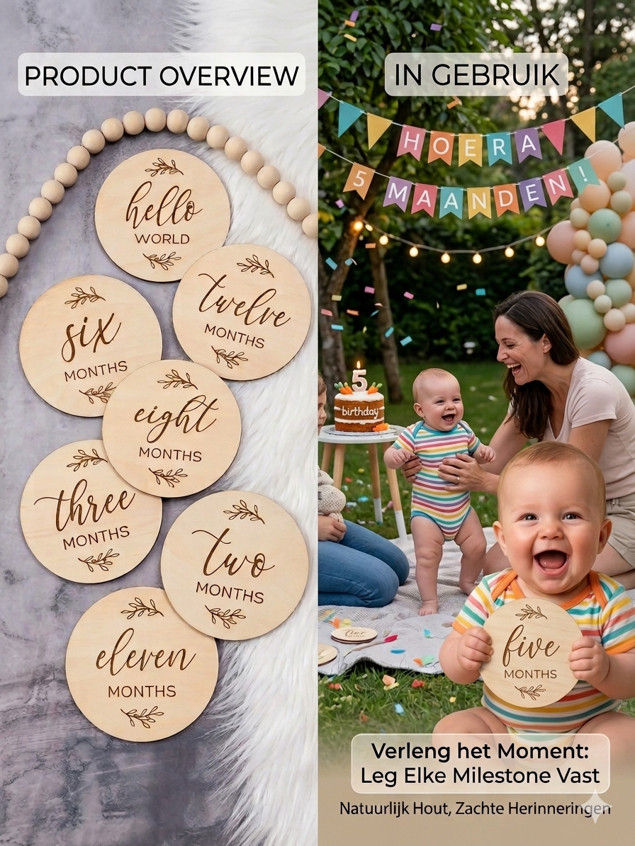 Baby Mijlpaal Kaarten Set – Houten Fotokaarten voor Onvergetelijke Eerste Momenten