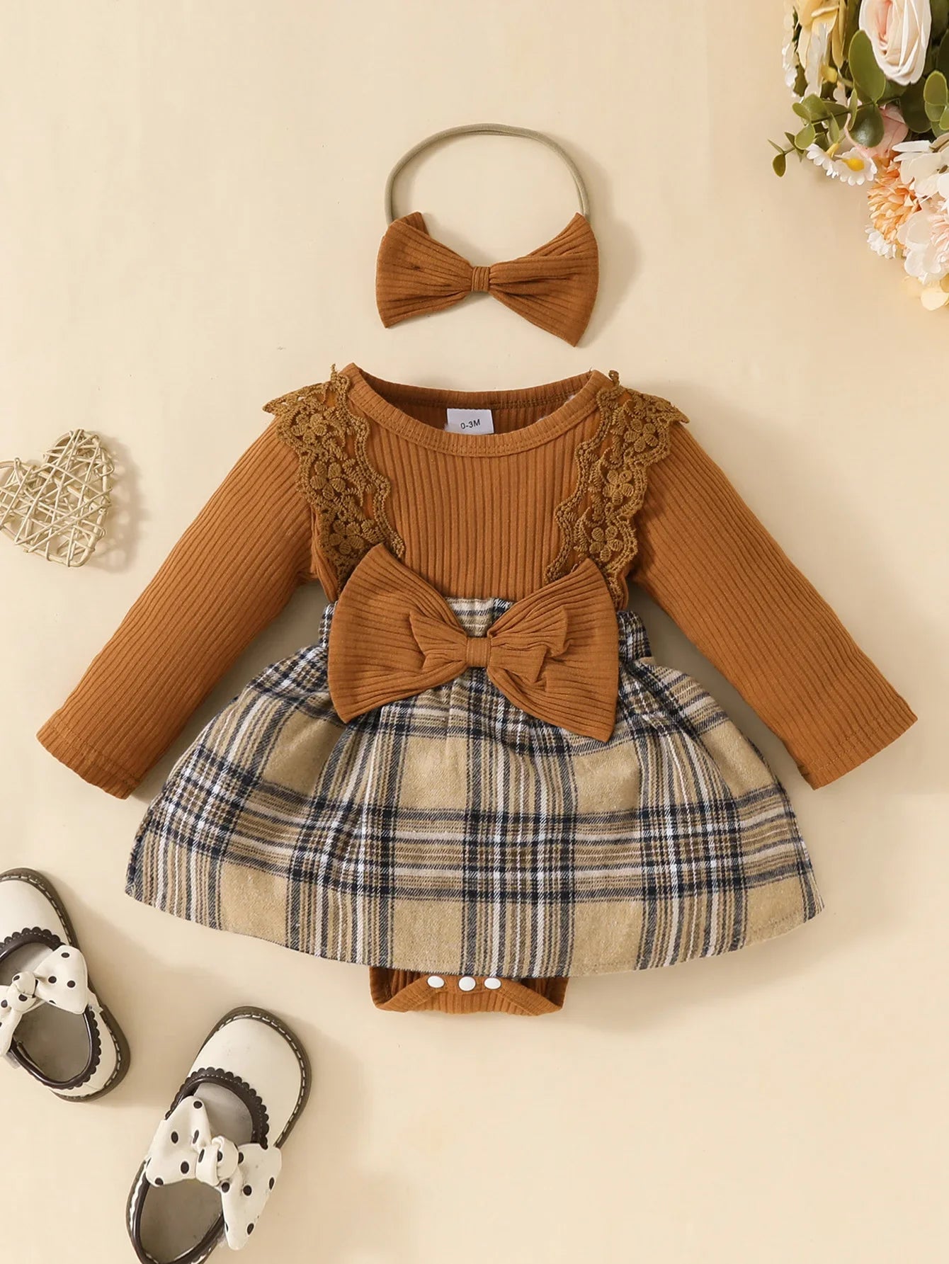 Baby Meisjes Jumpsuit met Ruitjesrok & Strik – Inclusief Hoofdband