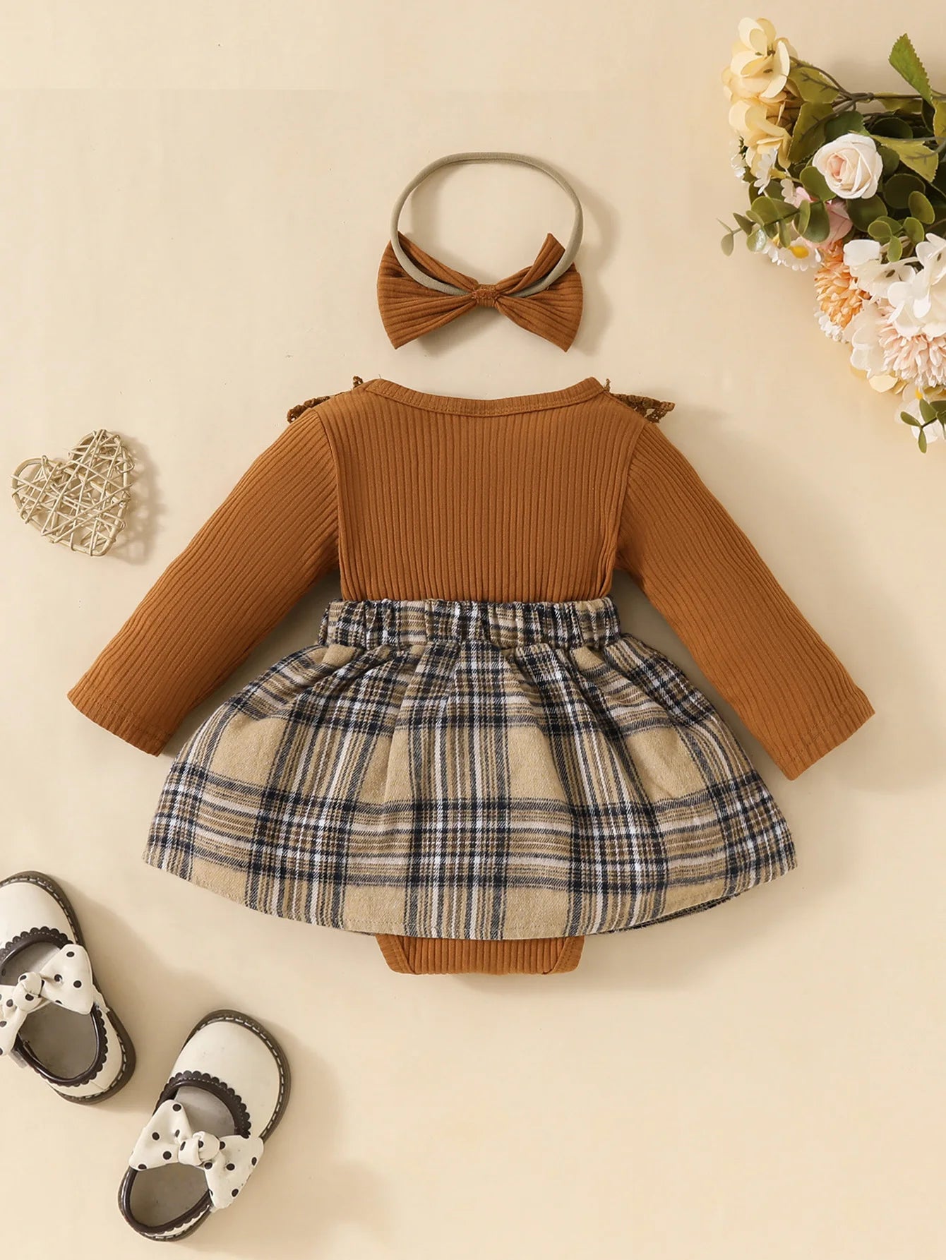 Baby Meisjes Jumpsuit met Ruitjesrok &amp; Strik – Inclusief Hoofdband