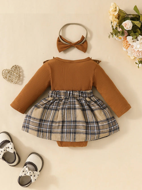 Baby Meisjes Jumpsuit met Ruitjesrok &amp; Strik – Inclusief Hoofdband