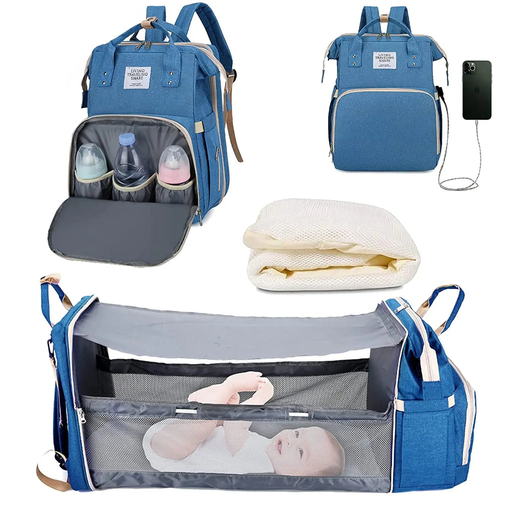 3-in-1 Luiertas Rugzak met Opvouwbaar Babybedje &amp; USB-aansluiting
