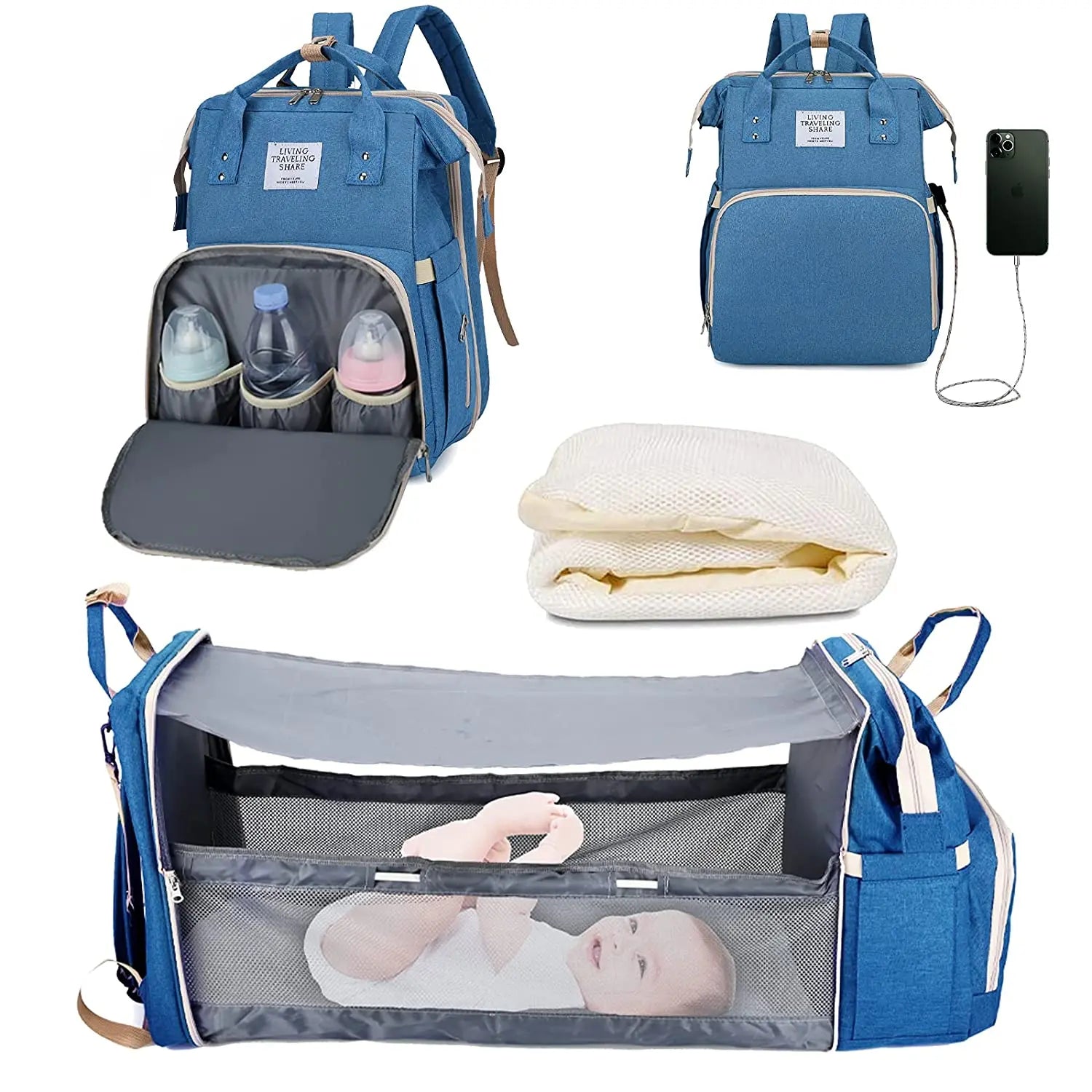 3-in-1 Luiertas Rugzak met Opvouwbaar Babybedje &amp; USB-aansluiting