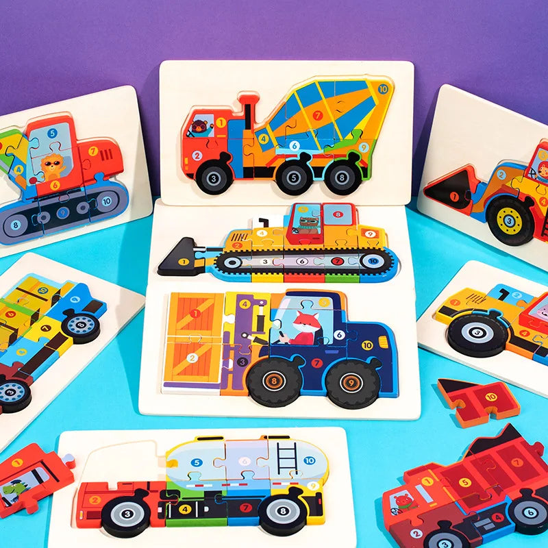 Montessori Houten Voertuigpuzzel – 3D Educatief Speelgoed voor Peuters (Engineering Thema)