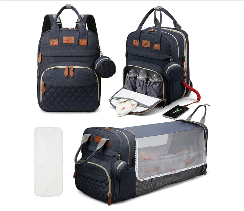 3-in-1 Luiertas Rugzak met Opvouwbaar Babybedje &amp; USB-aansluiting