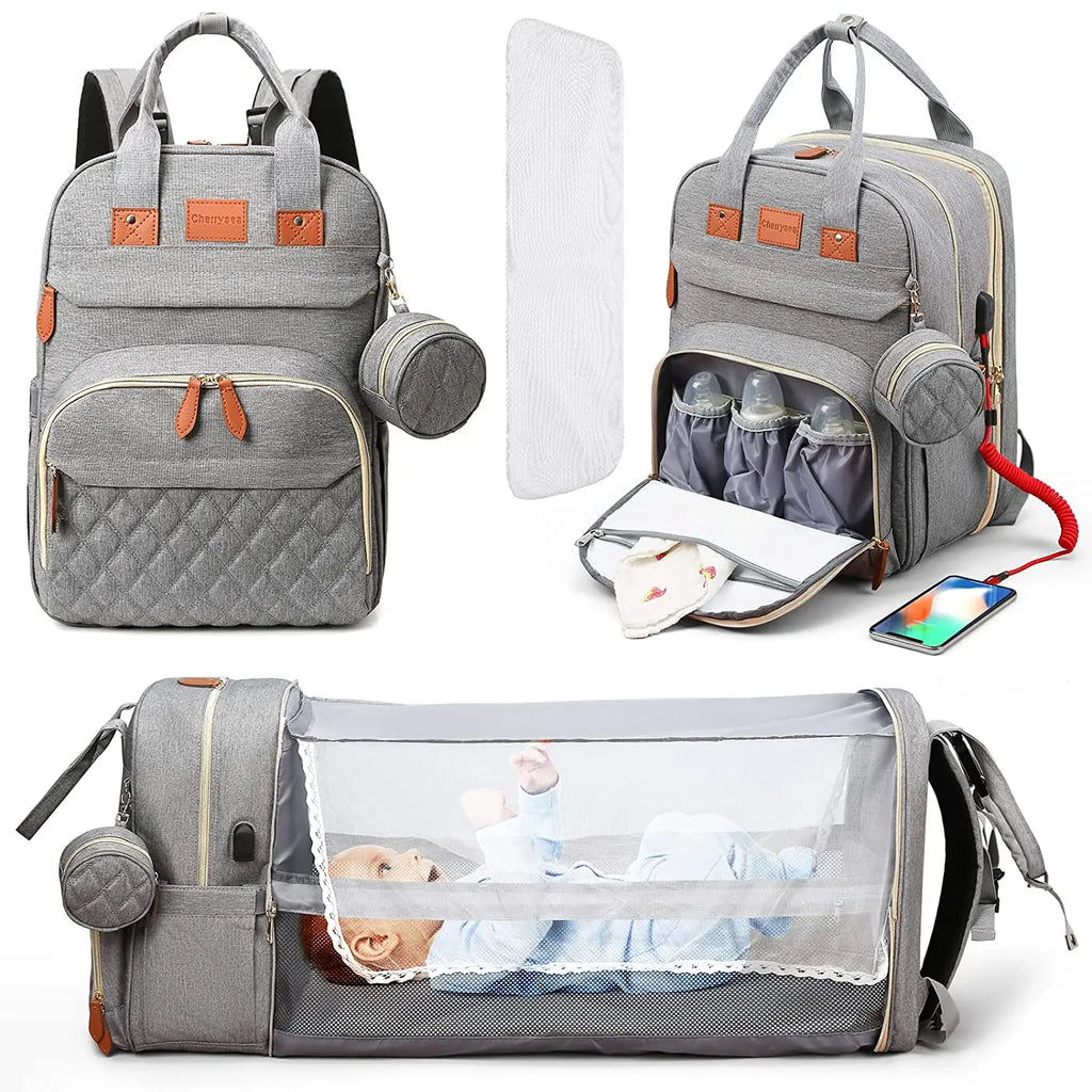 3-in-1 Luiertas Rugzak met Opvouwbaar Babybedje &amp; USB-aansluiting