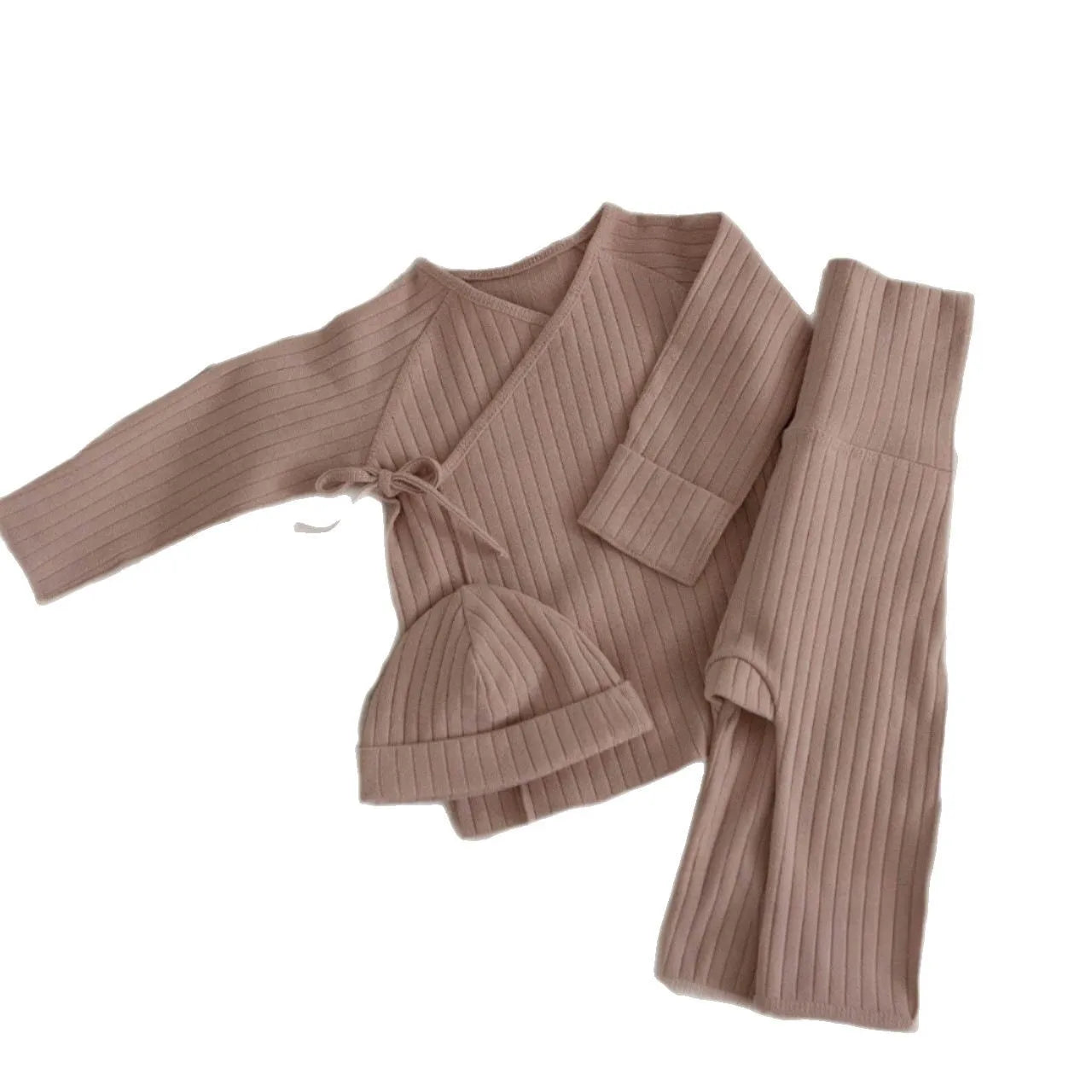 3-Delige Baby Set – Geribde Top, Broek & Mutsje – Comfortabel & Casual