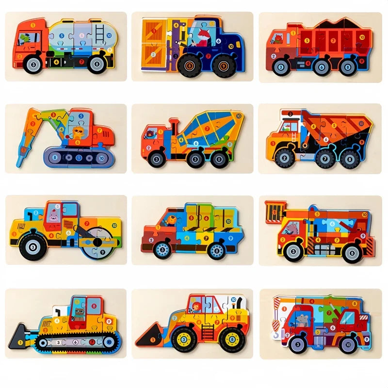 Montessori Houten Voertuigpuzzel – 3D Educatief Speelgoed voor Peuters (Engineering Thema)