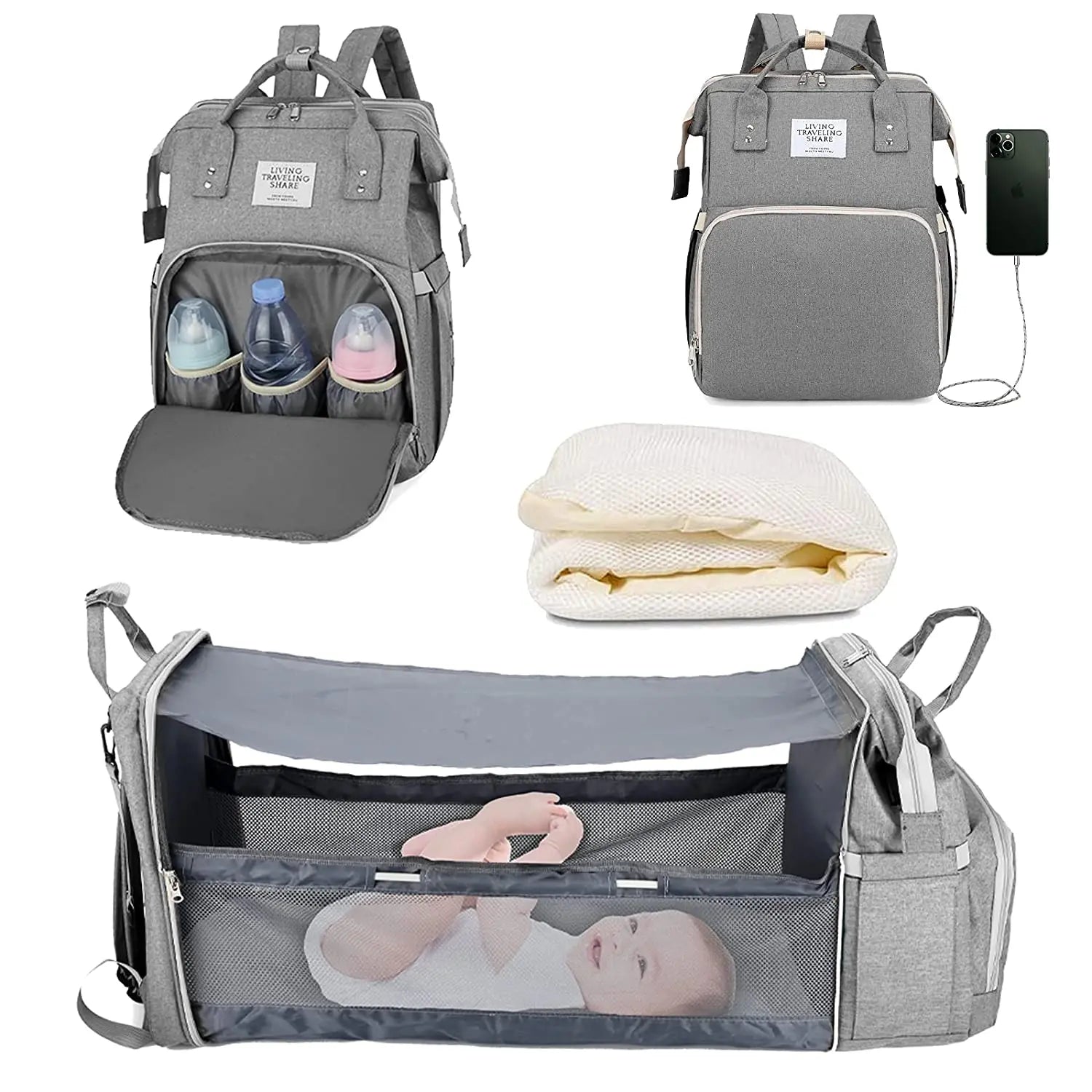 3-in-1 Luiertas Rugzak met Opvouwbaar Babybedje &amp; USB-aansluiting