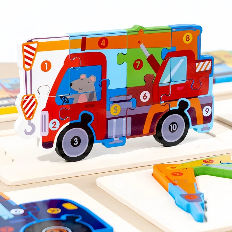 Montessori Houten Voertuigpuzzel – 3D Educatief Speelgoed voor Peuters (Engineering Thema)