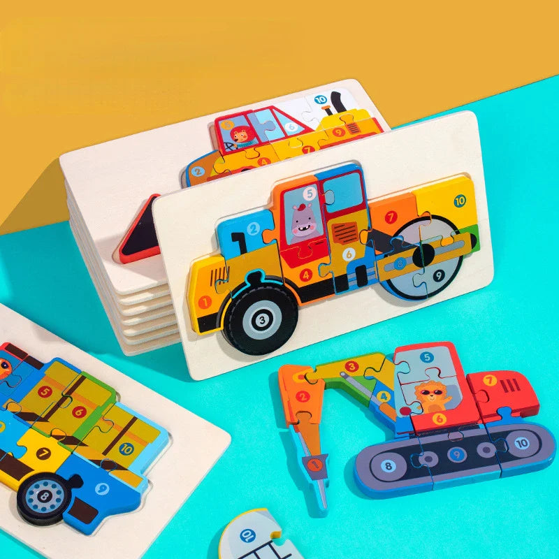 Montessori Houten Voertuigpuzzel – 3D Educatief Speelgoed voor Peuters (Engineering Thema)