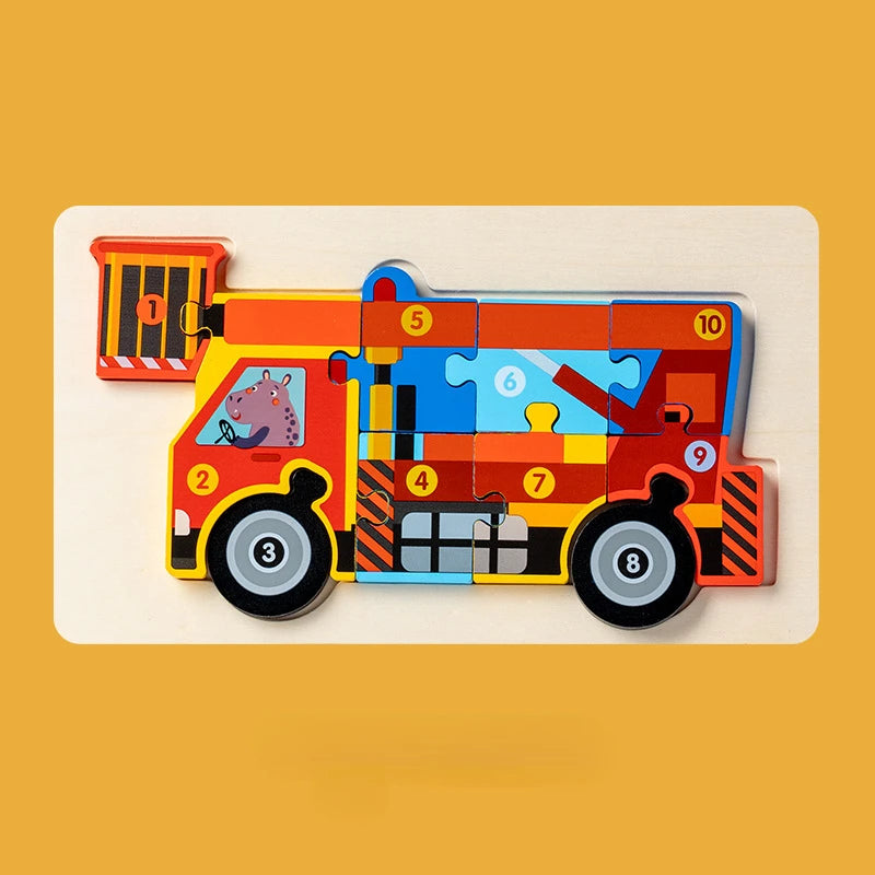 Montessori Houten Voertuigpuzzel – 3D Educatief Speelgoed voor Peuters (Engineering Thema)