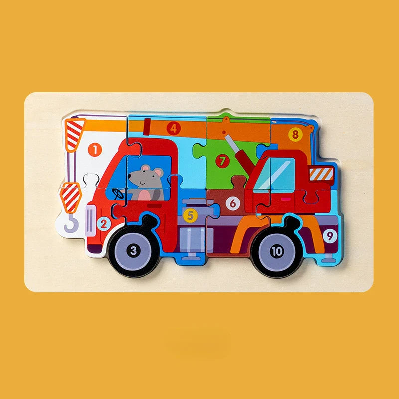 Montessori Houten Voertuigpuzzel – 3D Educatief Speelgoed voor Peuters (Engineering Thema)
