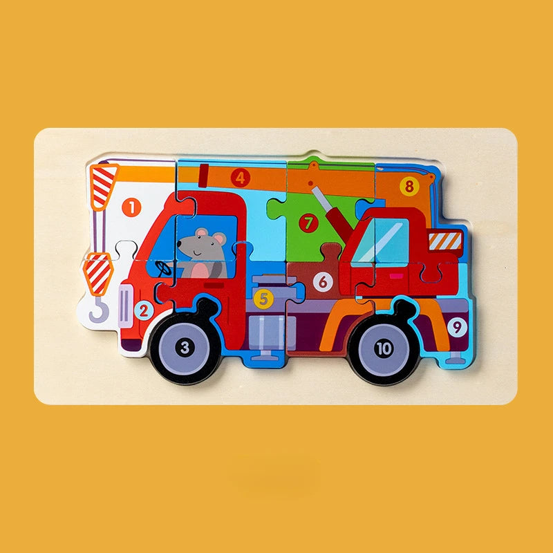 Montessori Houten Voertuigpuzzel – 3D Educatief Speelgoed voor Peuters (Engineering Thema)
