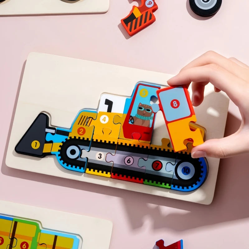 Montessori Houten Voertuigpuzzel – 3D Educatief Speelgoed voor Peuters (Engineering Thema)