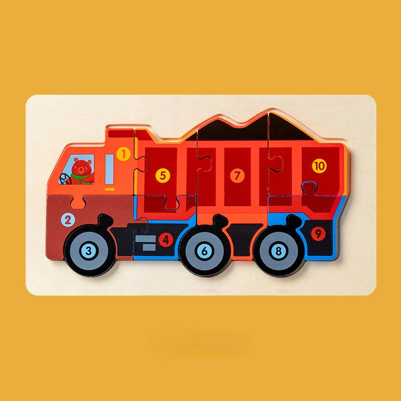 Montessori Houten Voertuigpuzzel – 3D Educatief Speelgoed voor Peuters (Engineering Thema)