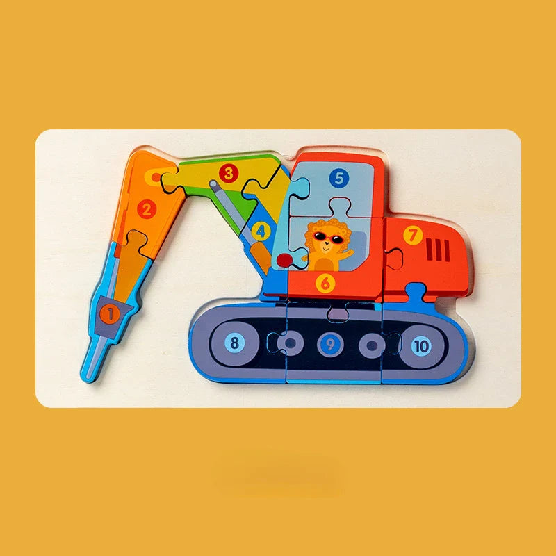 Montessori Houten Voertuigpuzzel – 3D Educatief Speelgoed voor Peuters (Engineering Thema)