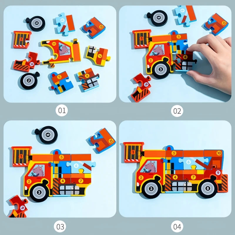 Montessori Houten Voertuigpuzzel – 3D Educatief Speelgoed voor Peuters (Engineering Thema)