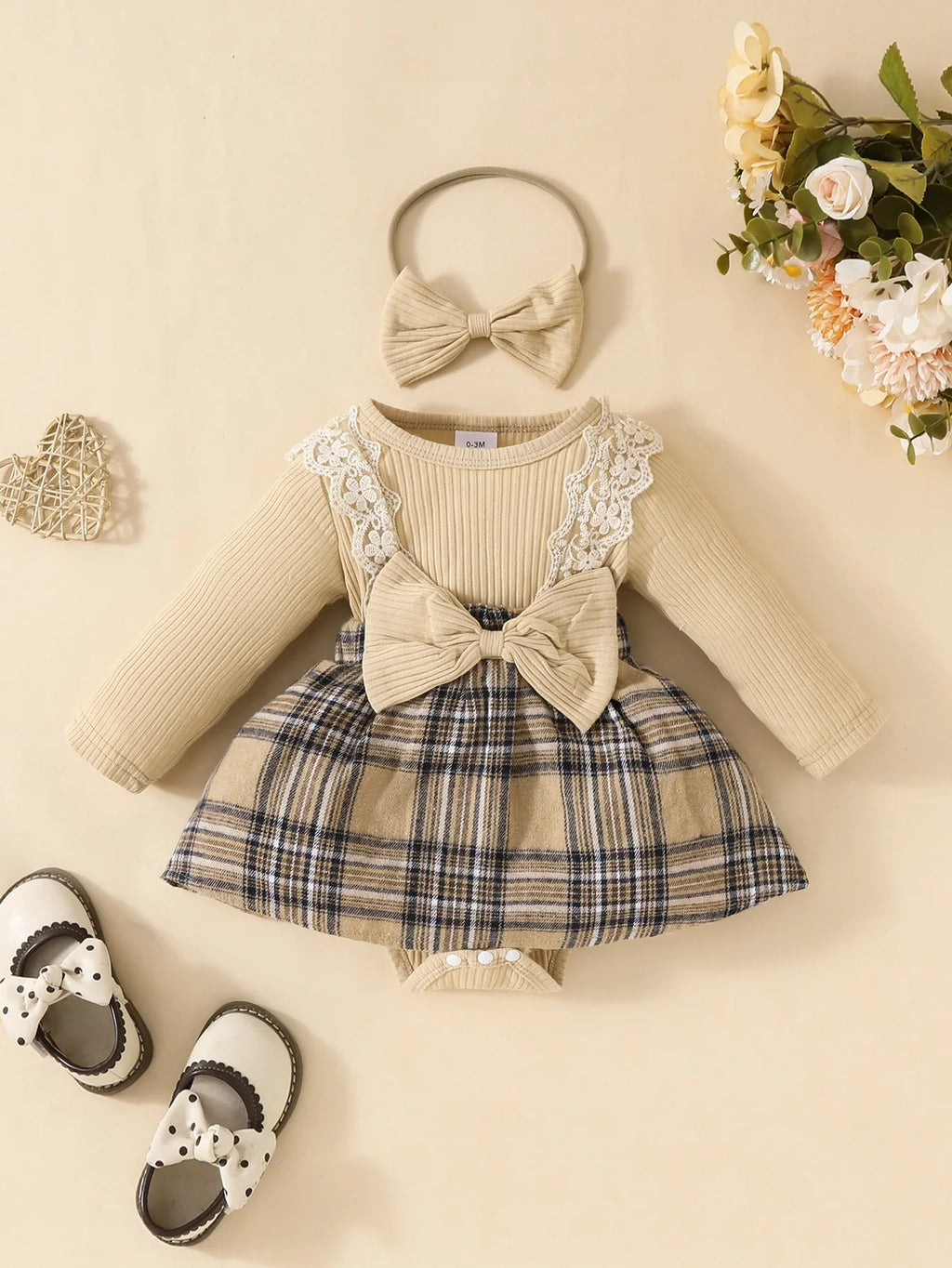Baby Meisjes Jumpsuit met Ruitjesrok & Strik – Inclusief Hoofdband