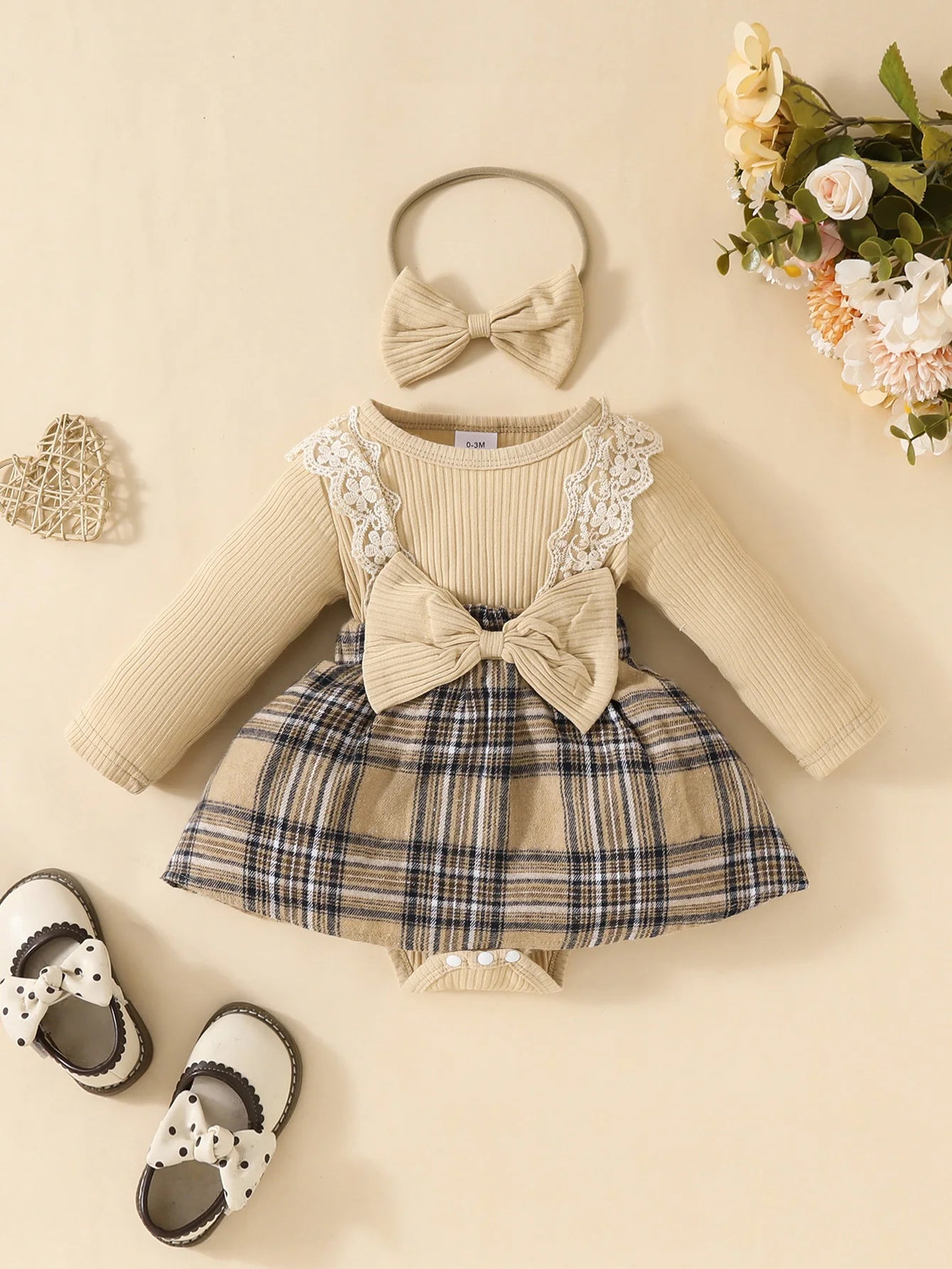 Baby Meisjes Jumpsuit met Ruitjesrok &amp; Strik – Inclusief Hoofdband