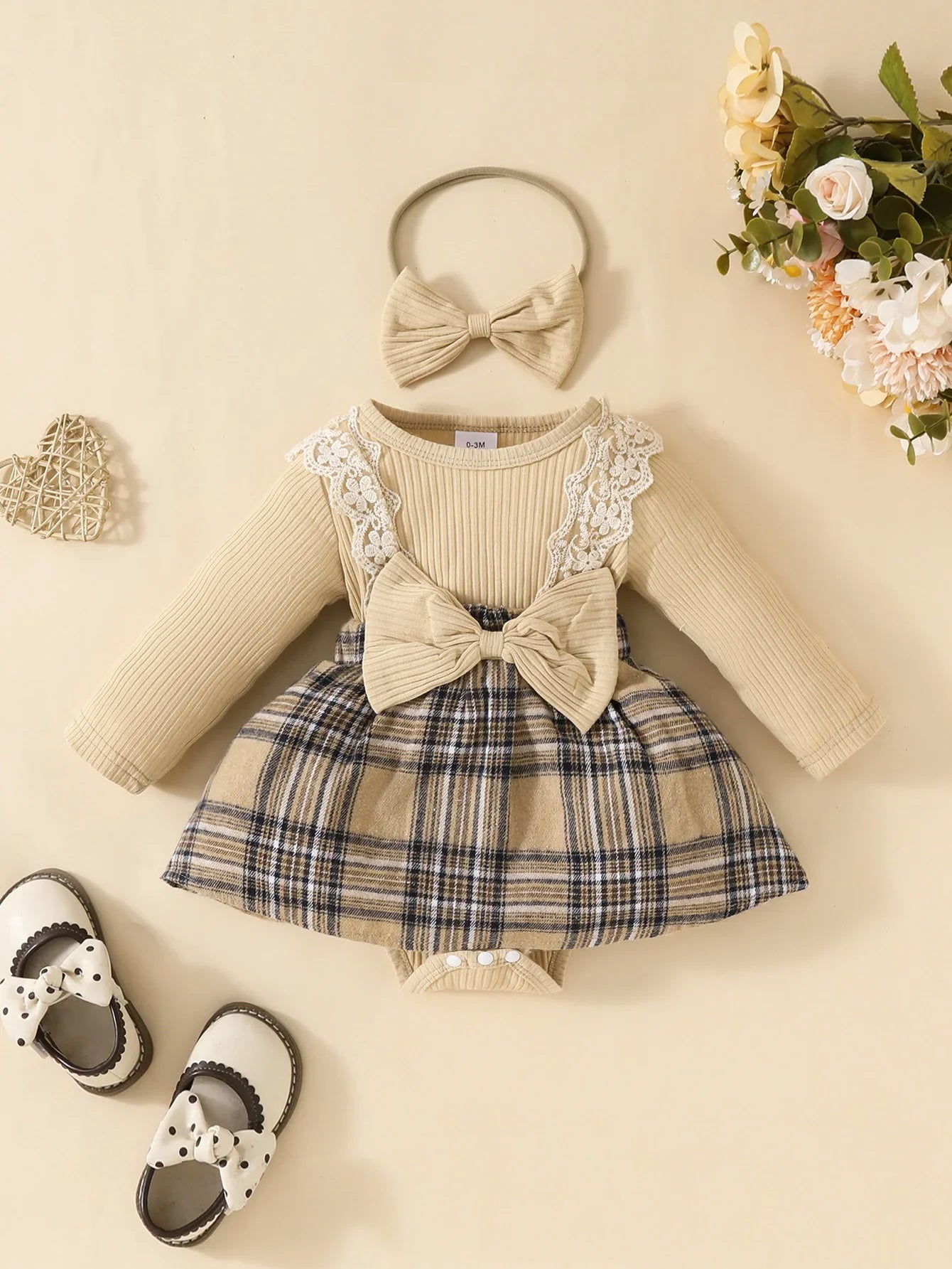 Baby Meisjes Jumpsuit met Ruitjesrok & Strik – Inclusief Hoofdband
