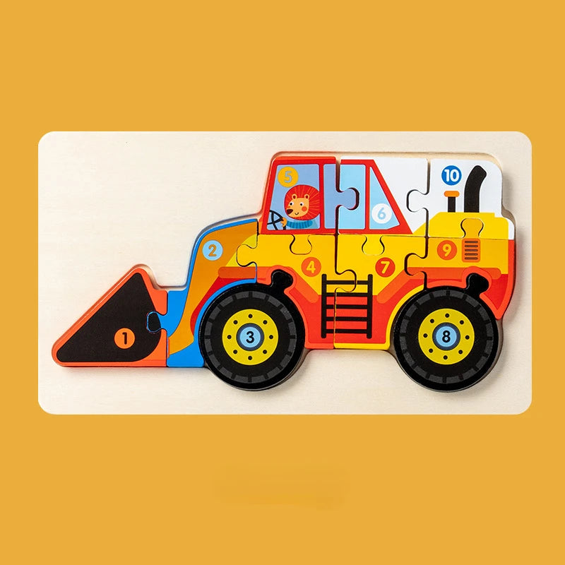 Montessori Houten Voertuigpuzzel – 3D Educatief Speelgoed voor Peuters (Engineering Thema)