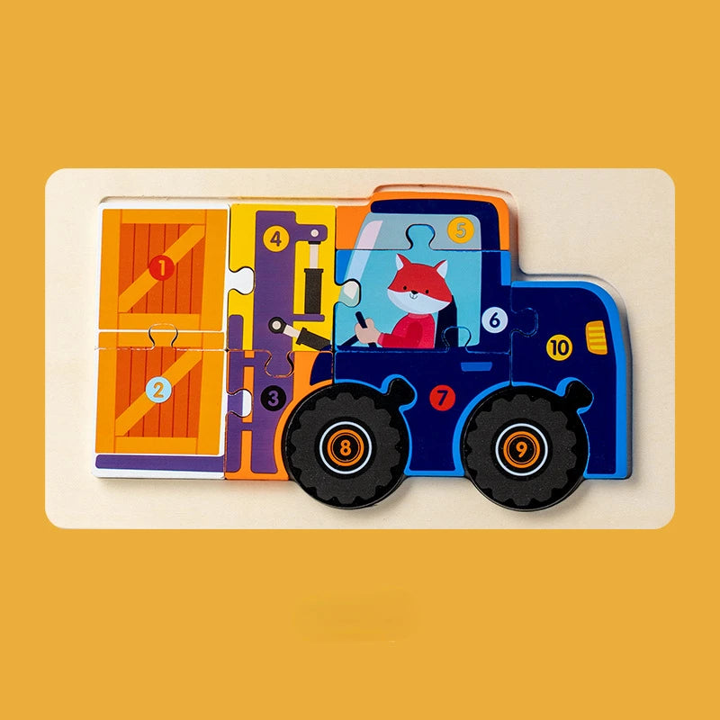 Montessori Houten Voertuigpuzzel – 3D Educatief Speelgoed voor Peuters (Engineering Thema)