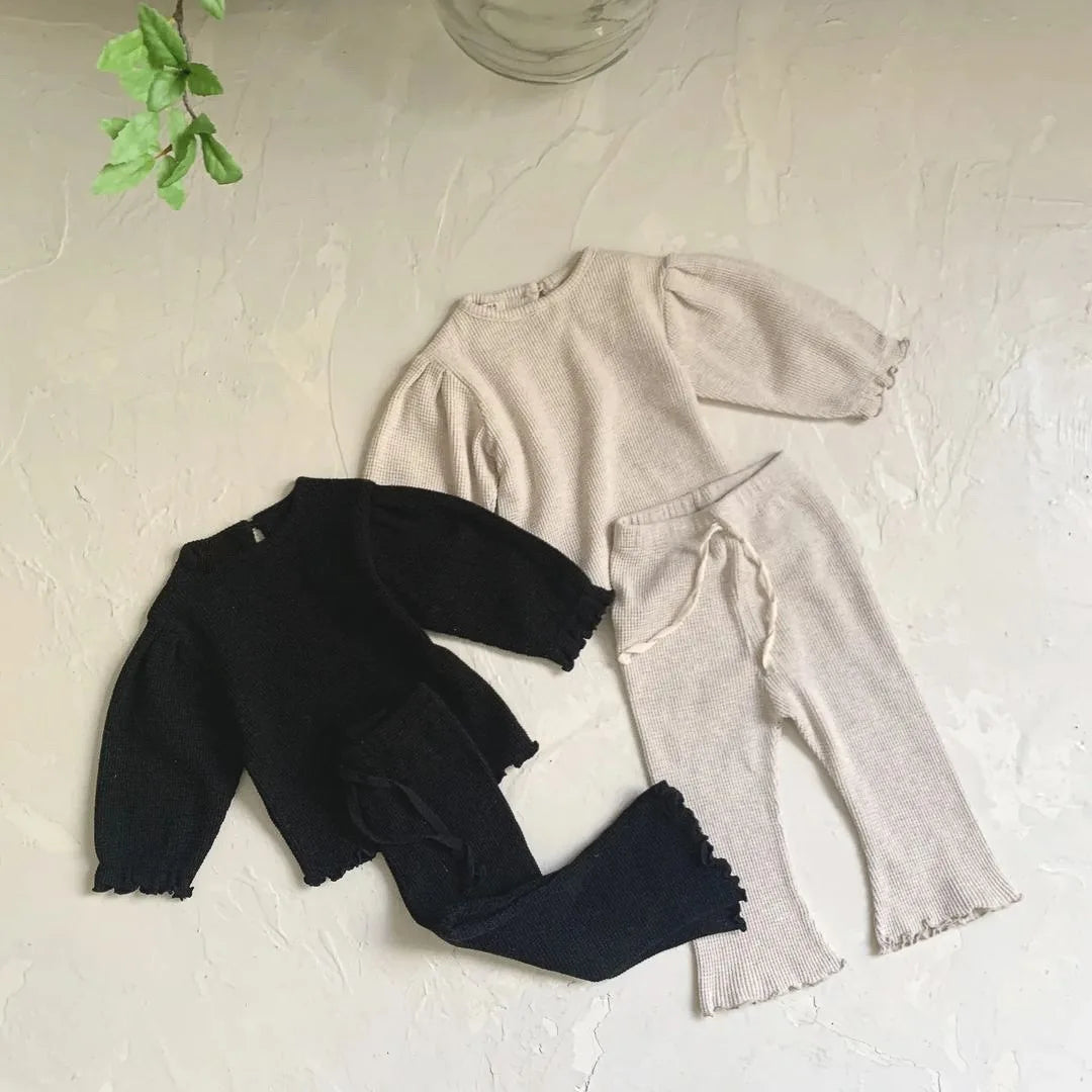 2-Delige Baby Meisjes Set – Wafelstructuur T-shirt & Bell Bottom Broek