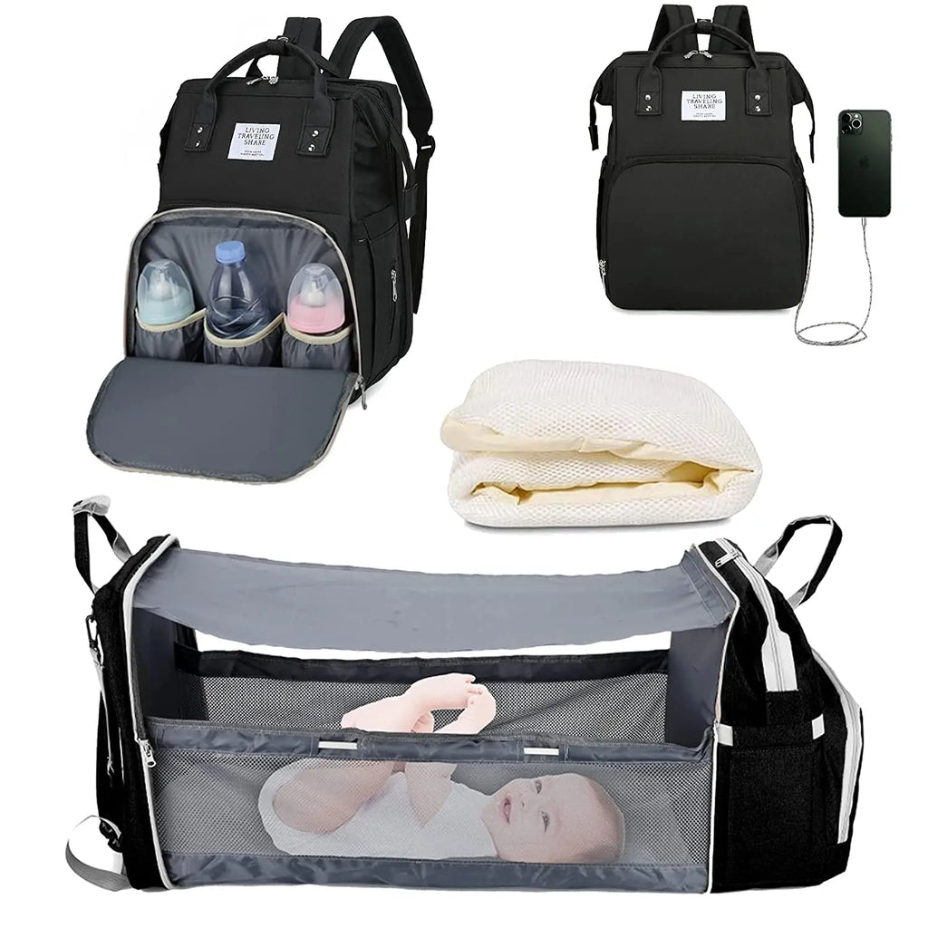 3-in-1 Luiertas Rugzak met Opvouwbaar Babybedje &amp; USB-aansluiting