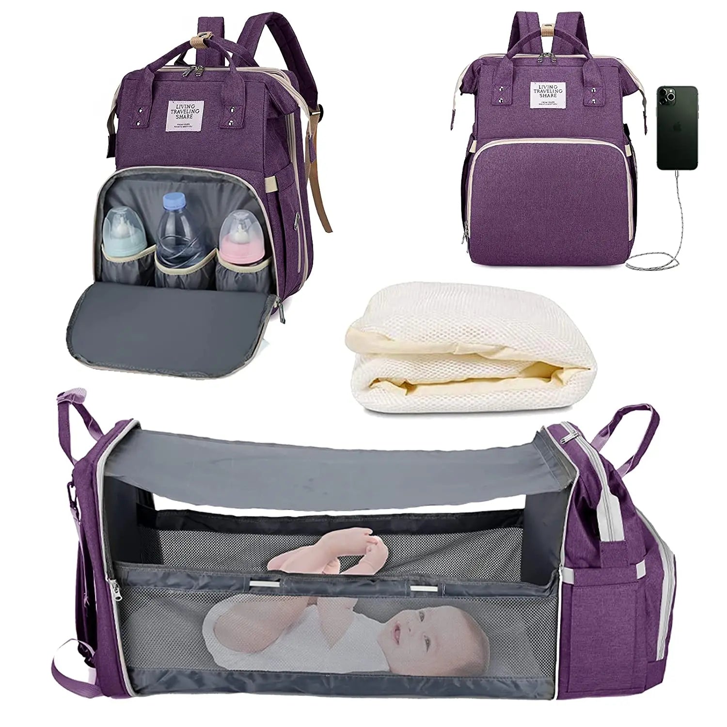 3-in-1 Luiertas Rugzak met Opvouwbaar Babybedje &amp; USB-aansluiting