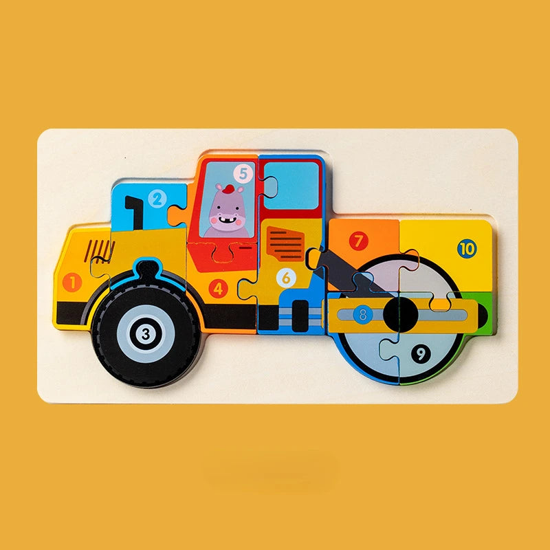 Montessori Houten Voertuigpuzzel – 3D Educatief Speelgoed voor Peuters (Engineering Thema)