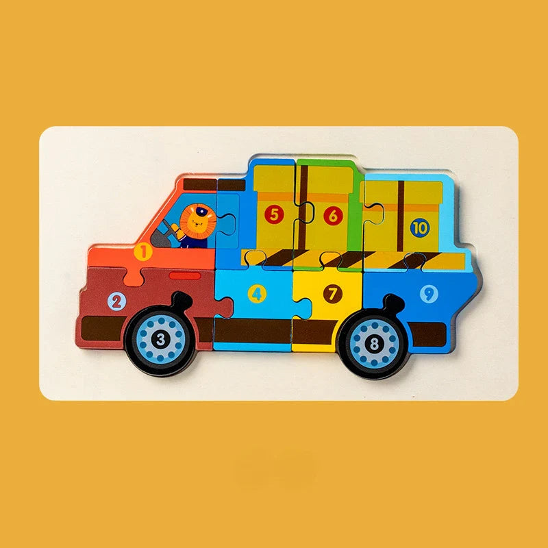 Montessori Houten Voertuigpuzzel – 3D Educatief Speelgoed voor Peuters (Engineering Thema)