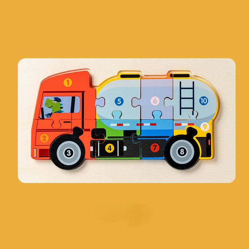 Montessori Houten Voertuigpuzzel – 3D Educatief Speelgoed voor Peuters (Engineering Thema)