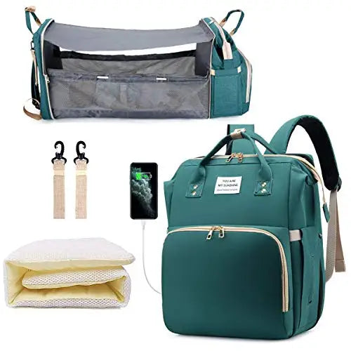 3-in-1 Luiertas Rugzak met Opvouwbaar Babybedje &amp; USB-aansluiting