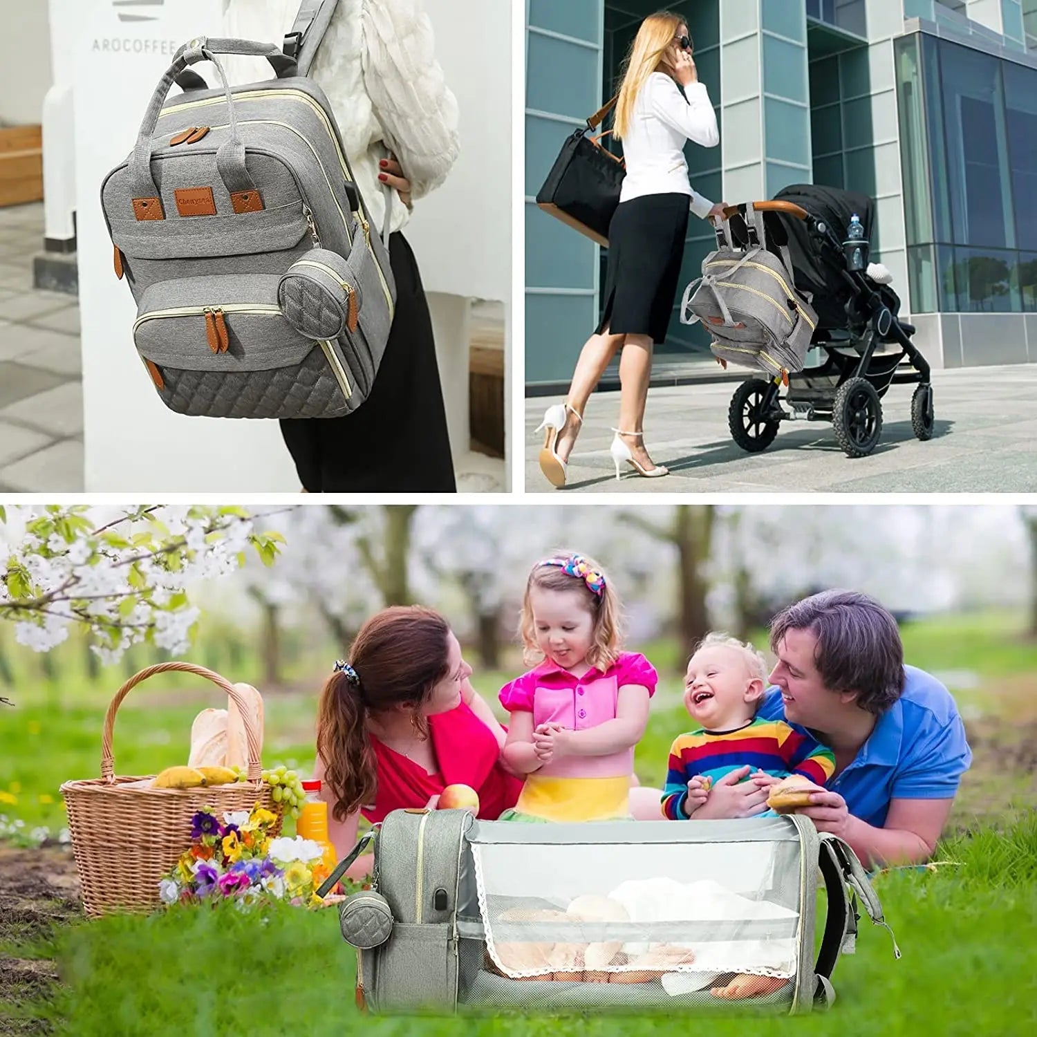 3-in-1 Luiertas Rugzak met Opvouwbaar Babybedje &amp; USB-aansluiting