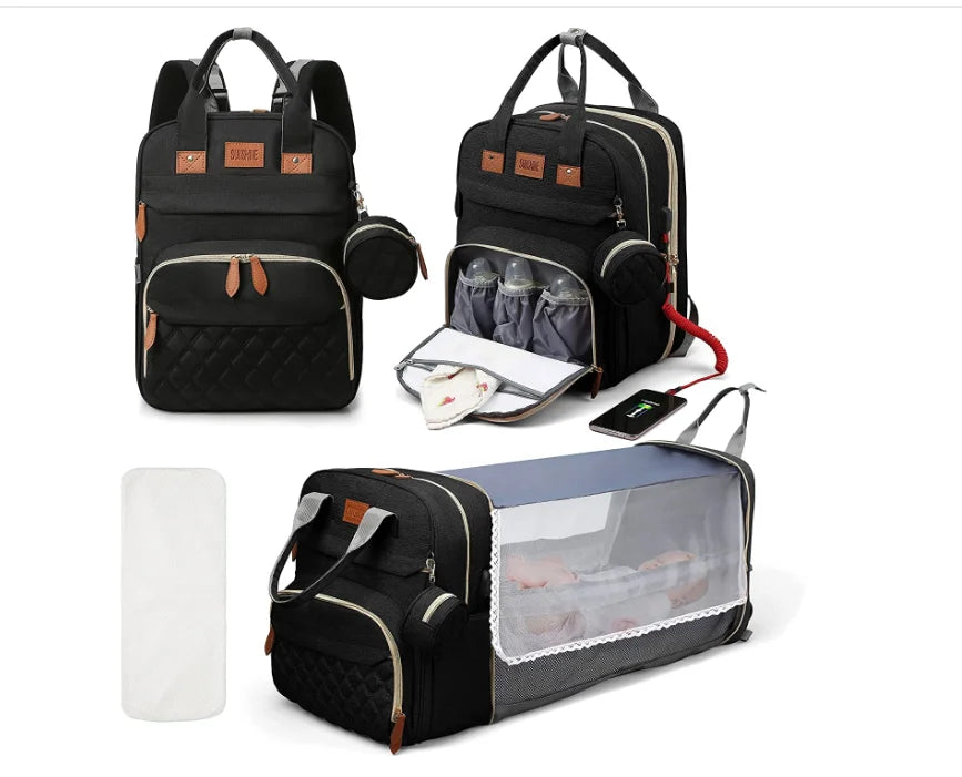 3-in-1 Luiertas Rugzak met Opvouwbaar Babybedje &amp; USB-aansluiting