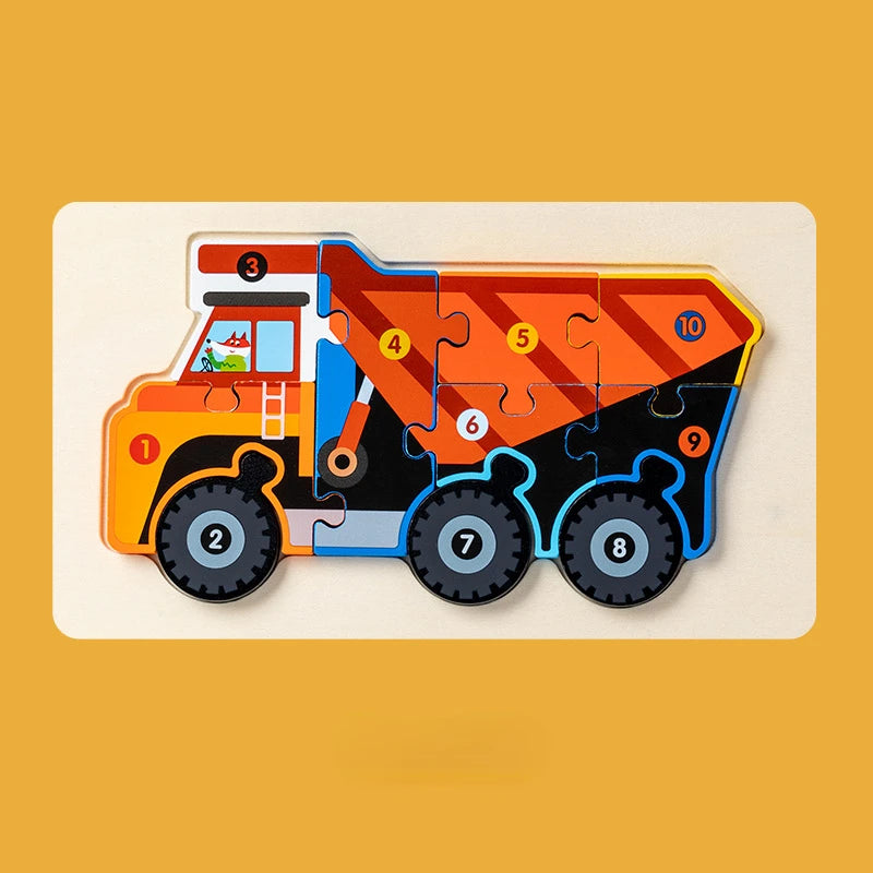 Montessori Houten Voertuigpuzzel – 3D Educatief Speelgoed voor Peuters (Engineering Thema)