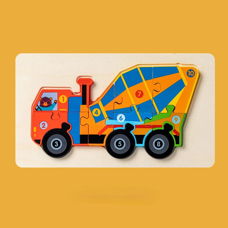 Montessori Houten Voertuigpuzzel – 3D Educatief Speelgoed voor Peuters (Engineering Thema)