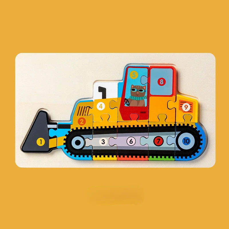 Montessori Houten Voertuigpuzzel – 3D Educatief Speelgoed voor Peuters (Engineering Thema)