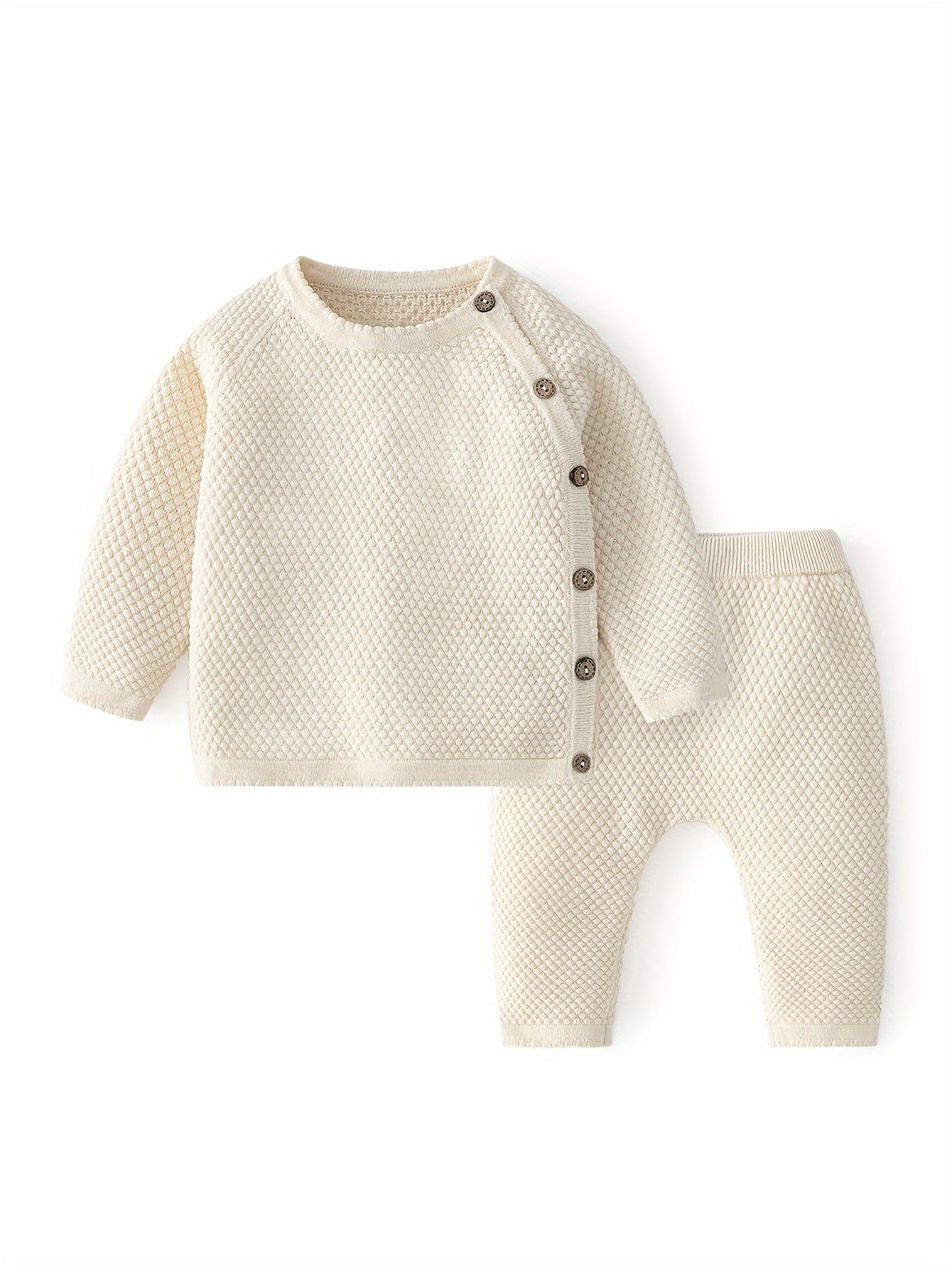 Effen Kleur Katoenen Pasgeboren Gebreide Trui Set met Broek, Tweedelig - Perfect voor Buiten