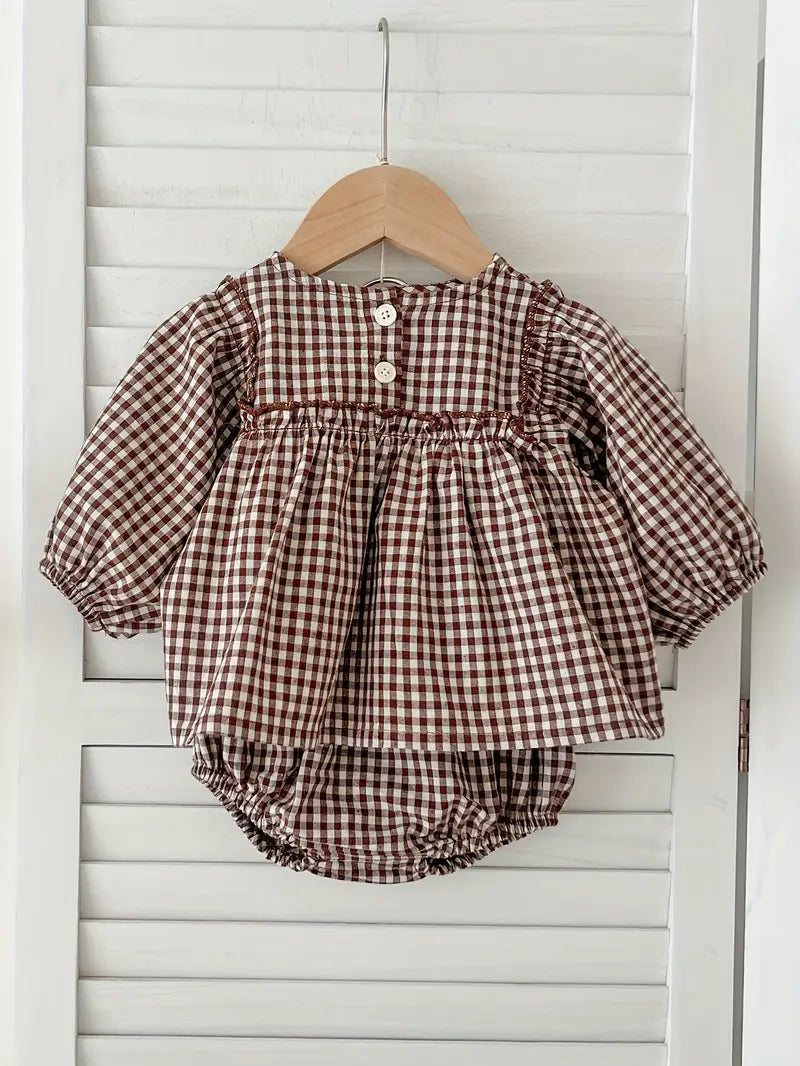 Vintage Babyset – Blouse &amp; Short in Khaki Ruit