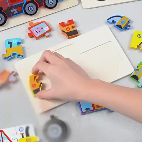 Montessori Houten Voertuigpuzzel – 3D Educatief Speelgoed voor Peuters (Engineering Thema)